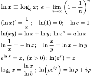 Основные формулы с натуральным логарифмом