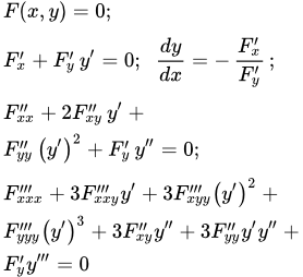 Производная неявной функции первого, второго и третьего порядка