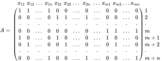 A=\begin{array}{r}x_{11}\;x_{12}\dots \;x_{1n}\;x_{21}\;x_{22}\dots \;\,x_{2n}\;\dots \,x_{m1}\;x_{m2}\dots x_{mn}\mkern3.7em\\ \left(\begin{array}{c}1&1&\dots&1&0&0&\dots&0&\dots&0&0&\dots&0\\ 0&0&\dots&0&1&1&\dots&1&\dots&0&0&\dots&0\\ \cdot&\cdot&\cdot&\cdot&\cdot&\cdot&\cdot&\cdot&\cdot&\cdot&\cdot&\cdot&\cdot\\ 0&0&\dots&0&0&0&\dots&0&\dots&1&1&\dots&1\\ 1&0&\dots&0&1&0&\dots&0&\dots&1&0&\dots&0\\ 0&1&\dots&0&0&1&\dots&0&\dots&0&1&\dots&0\\ \cdot&\cdot&\cdot&\cdot&\cdot&\cdot&\cdot&\cdot&\cdot&\cdot&\cdot&\cdot&\cdot\\ 0&0&\dots&1&0&0&\dots&1&\dots&0&0&\dots&1\end{array}\right)\begin{array}{l}1\\ 2\\ \cdot\\ m\\ m+1\\ m+2\\ \cdot\\ m+n\end{array}\end{array}